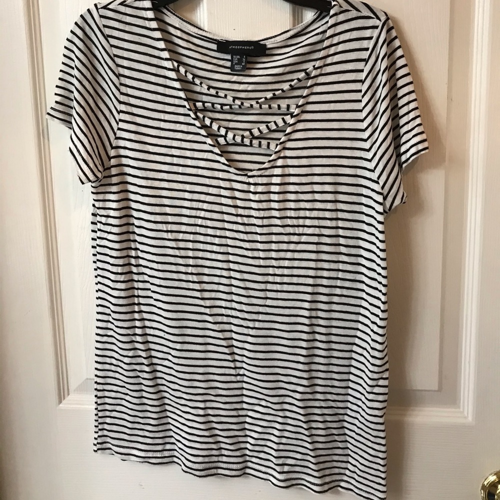 black and white striped t shirt with cross neck